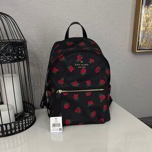 Kate Spade Black Backpack with Red Rose Pattern